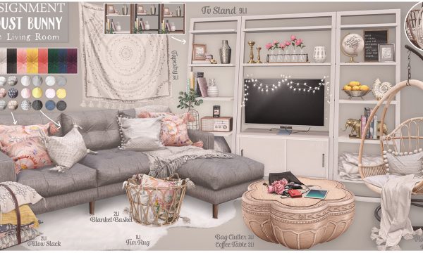 Gracie Living Room. Fur Rug is L$125 / Table is L$160 / Bag Clutter is L$125 / Pillow Stack is L$125 / Basket is L$150 / Lamp is L$75 / Tapestry is L$135 / TV Stand is L$450. PG Fatpack is L$2,400 & Adult Fatpack is L$2,800.