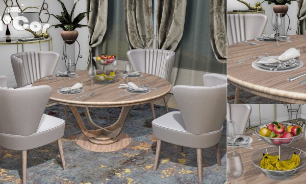 Rayon Dining Set. Dining Set is L$699. Place Setting is L$149. Fruit Bowl is L$149.