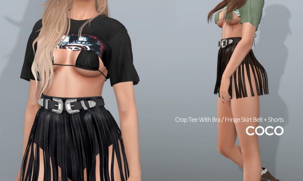 Crop Tee with Bra / Fringe Skirt Belt + Shorts.  Top - L$250 each, Skirt - L$250 each. Fatpack is L$999. Demo Available ★