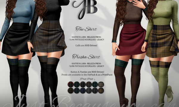 Just Because - Tae Shirt, Trisha Skirt & Tori Boots. Individual L$249 each | Mini Packs L$649 each | Fatpacks L$1,299 each Demo Available.