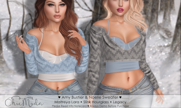 ChicModa - Amy Bustier & Noelle Sweater. Individual L$199 each | Fatpack L$1099 | Mega Pack L$1899. Demo Available.